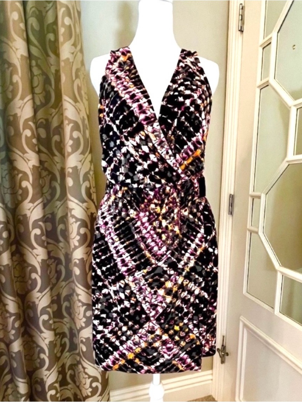Maggy London Jersey Surplice Sheath Black-Pink-Cream Print Faux Wrap - Size 10
